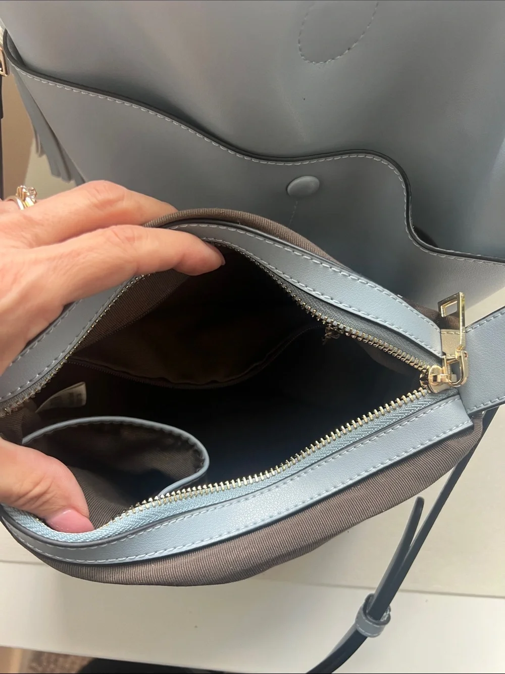 Soft Leather Blue Bucket Crossbody Bag with Tassel Accent